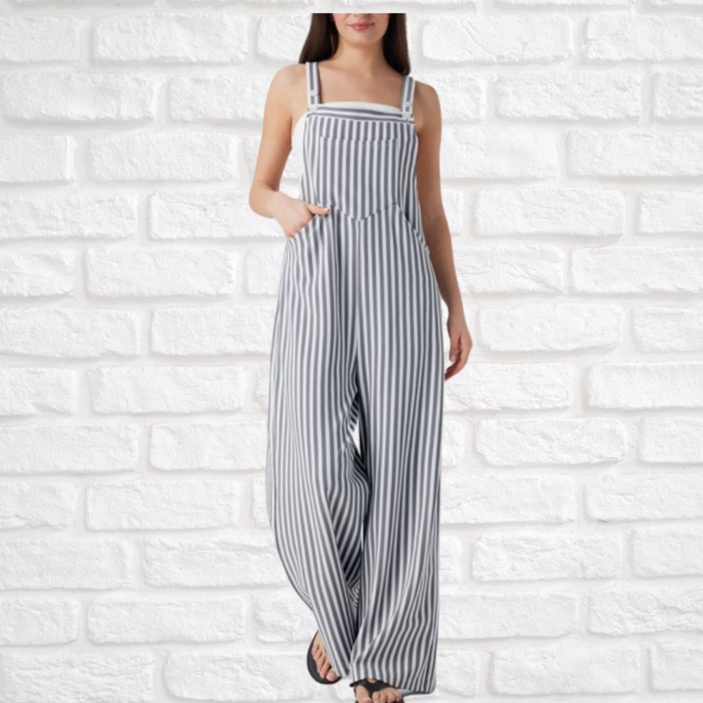 HALARA Striped Wide-Leg Jumpsuit in Gray and White